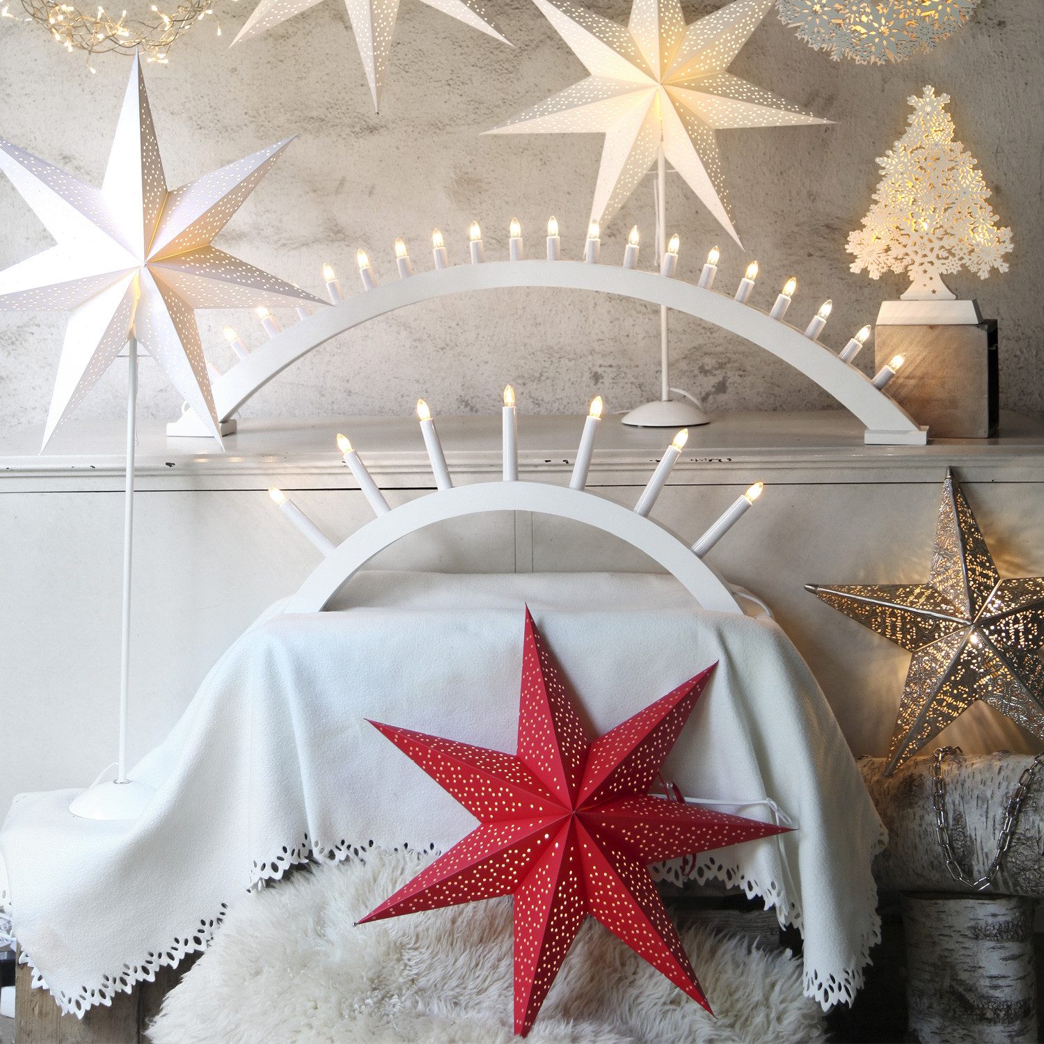 STAR TRADING LED Stern Papierstern Leuchtstern Faltstern 7-zackig hängend 54cm mit Kabel rot