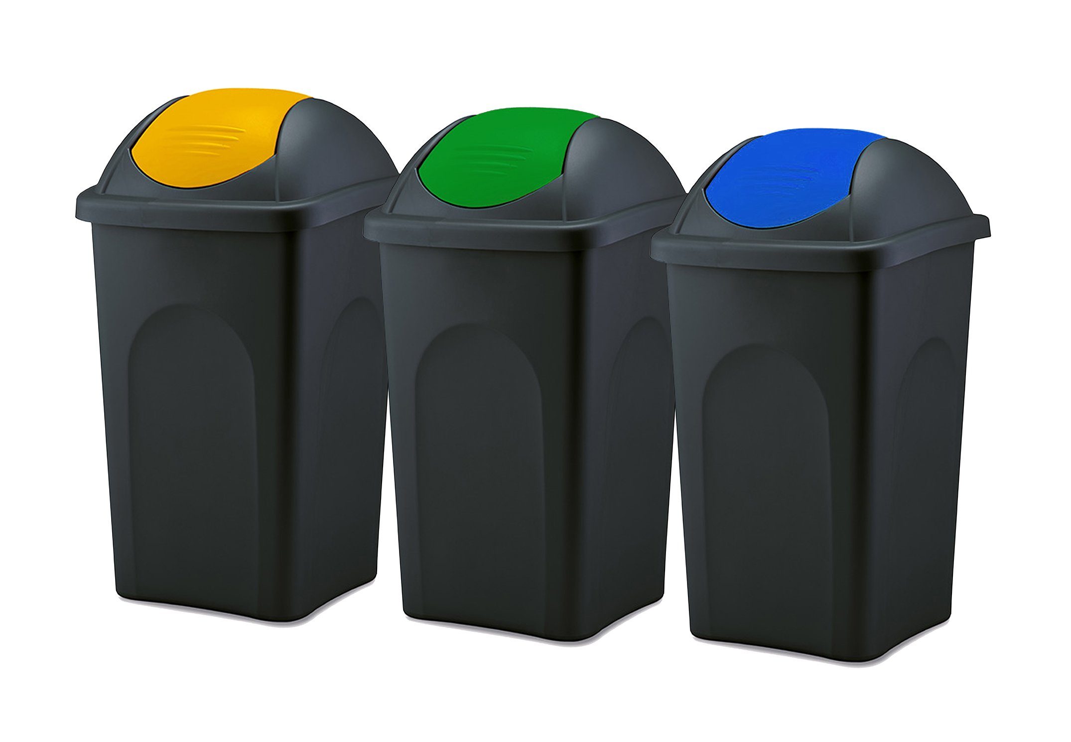 BigDean Mülleimer 3x 60L schwarz Schwingdeckel blau gelb grün Abfalleimer Mülltonne, XL Mülleimer, Schwingdeckel, 60L, Dezente Optik