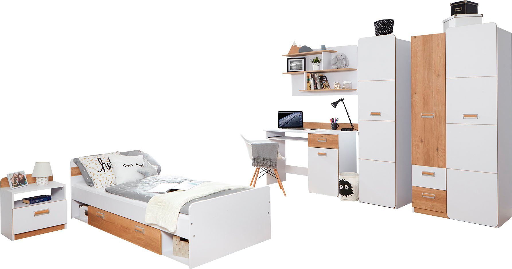 Ticaa Jugendzimmer-Set Lori, (Set, 6-tlg., Bett, Schrank, Schreibtisch, Standregal, Wandregal, Nachttisch), Bett + Schrank + Schreibtisch + Standregal + Wandregal + Nachttisch