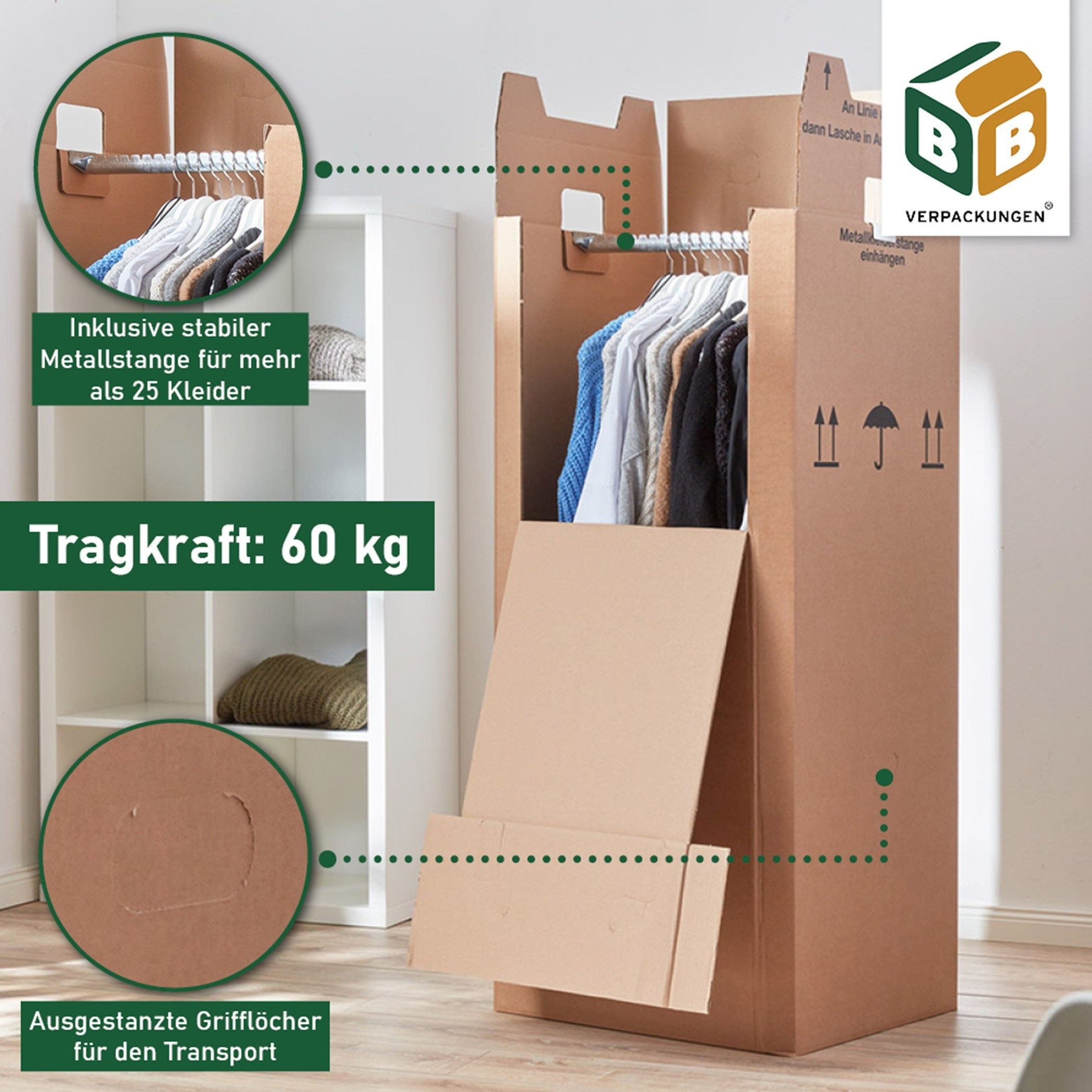 BB-Verpackungen Umzugskarton Kleiderbox, 2-wellig, 40kg Traglast, 600 mm x 510 mm x 1350 mm