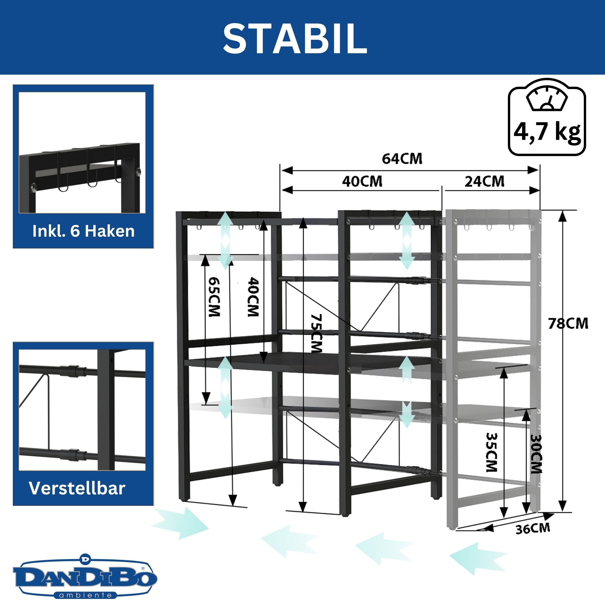 DanDiBo Küchenregal Verstellbares Mikrowellenregal 3 Stufig 40-64 cm Mikrow günstig online kaufen