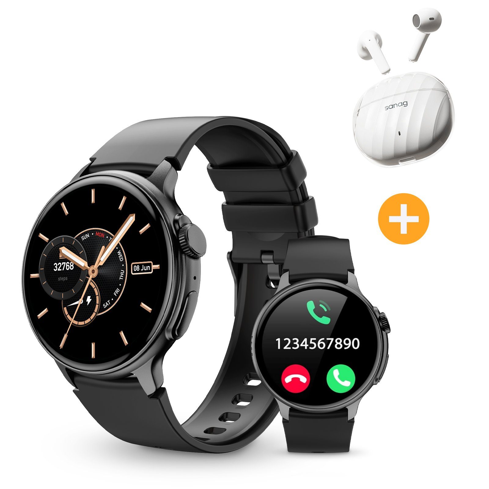 Yuede AMOLED Smartwatch Damen Herren, Neueste Fitness Uhr mit Anruffunktion Smartwatch (1,43-Zoll-AMOLED-HD Explosionssicherer gehärteter Glasbildschirm Zoll) Fitness Tracker Armbanduhr mit Schrittzähler,Blutsauerstoff, Blutdruckmessung, Schlafüberwachung, AI Voice und SNS-Benachrichtigung etc.SANAG Bluetooth 5.3 Kopfhörer mit Aktive Rauschunterdrückung(ANC) Combo., Bluetooth 5.3 Sportuhr, IP67 wasserdicht, unterstützt 100+ Sportmodi, für Android IOS