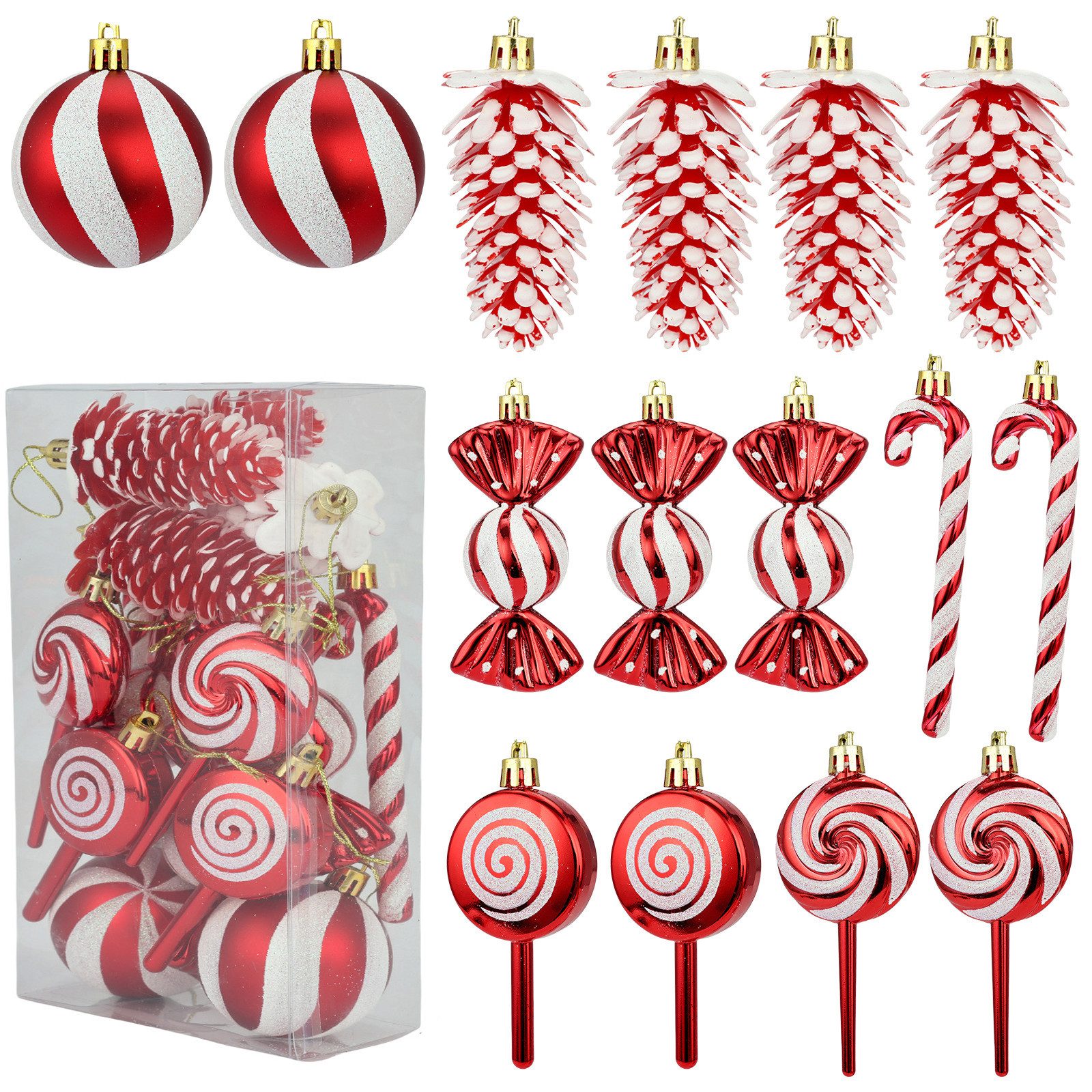 Coonoor Weihnachtsbaumkugel 15-teiliges Weihnachtskugel-Set, Christbaumanhänger, Zuckerstangen, Tannenzapfen, Lutscher, Weihnachtskugeln