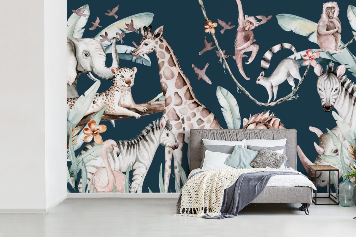 MuchoWow Fototapete Wasserfarben - Blau Vinyl Schlafzimmer, Wallpaper Tiere St), - (6 Wohnzimmer, Jungen - - - Elefant Kinderzimmer, Kinder -, für - Tapete Flamingo Matt, bedruckt