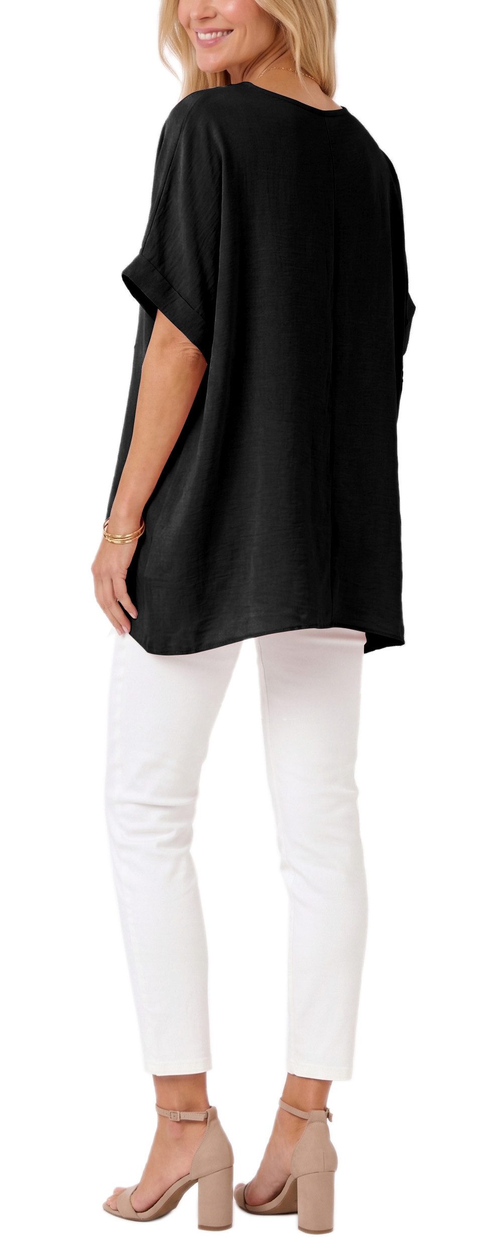 dy_mode Kurzarmshirt Damen Oversize Tunika Sommer Bluse mit Glitzer Shirtbluse Fledermausärmeln, Oversize, mit Glitzer-Steinchen