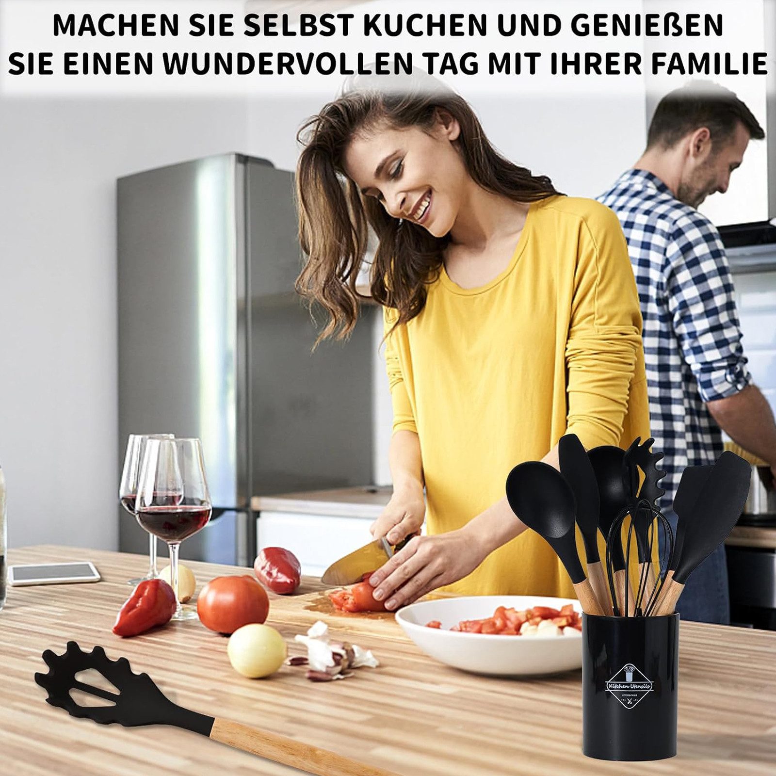 OKWISH Kochbesteck-Set 12er Küchenutensilien Set Küchenhelfer Kochgeschirrset (mit Hitzebeständigem Holzgriff und Aufhängeschlaufe, 12-tlg., Kochbesteck, Siliko – Bild 4 von 5