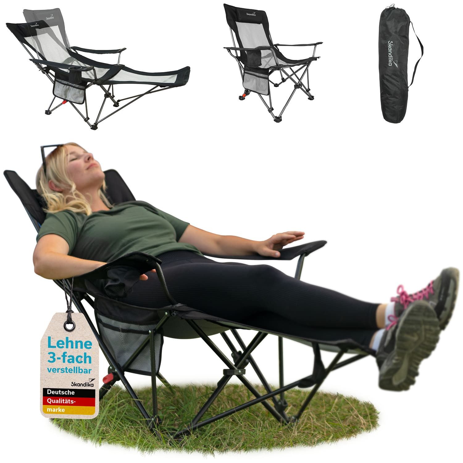 Skandika Campingstuhl Toras mit Fußablage, Faltbarer Liegestuhl, Klappsessel, Gartenstuhl, Liegefunktion, verstellbare Rückenlehne, Getränkehalter, Kopfkissen