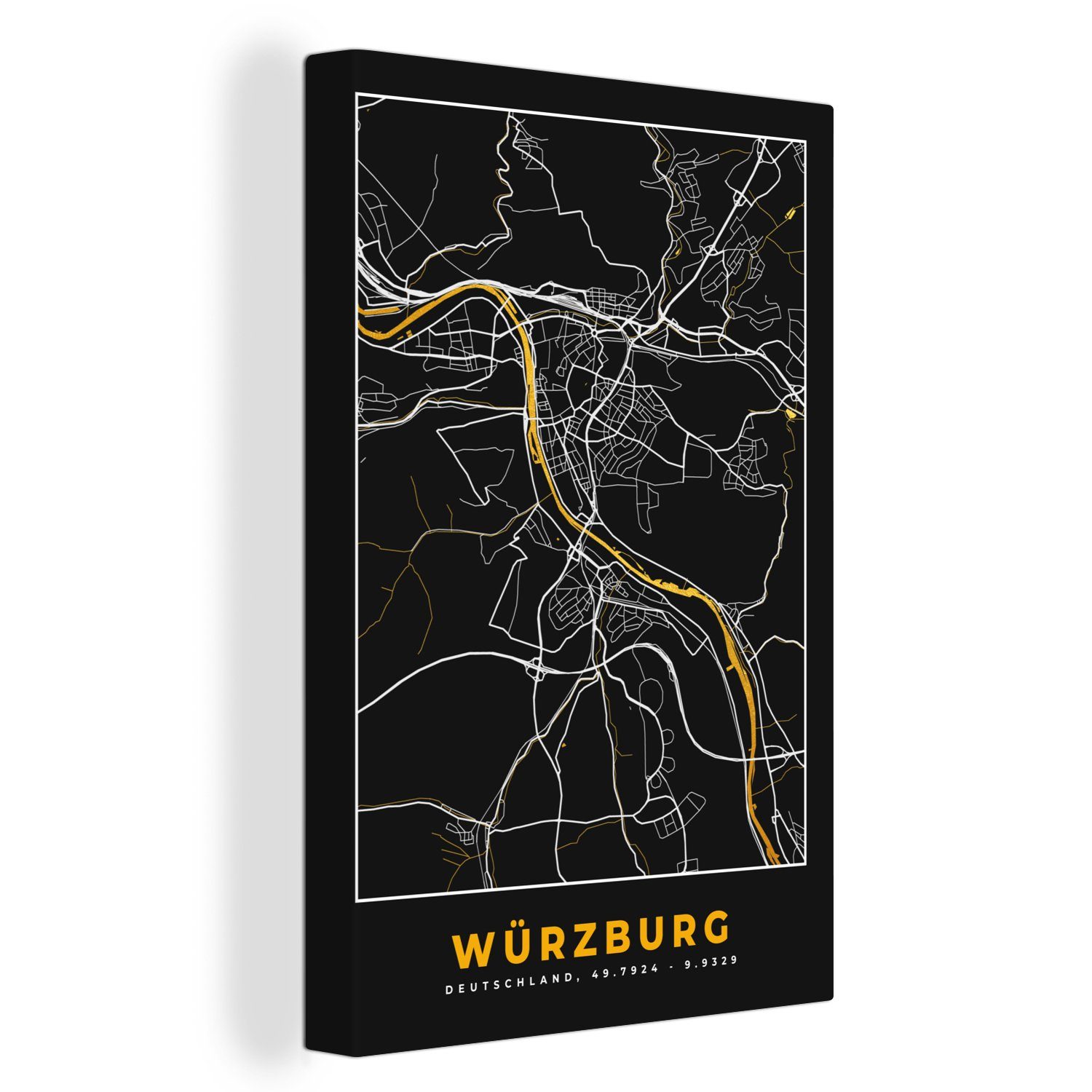 OneMillionCanvasses® Leinwandbild Stadtplan St), Leinwandbild bespannt - - fertig Würzburg - cm - Deutschland Gold Karte, 20x30 Zackenaufhänger, inkl. (1 Gemälde