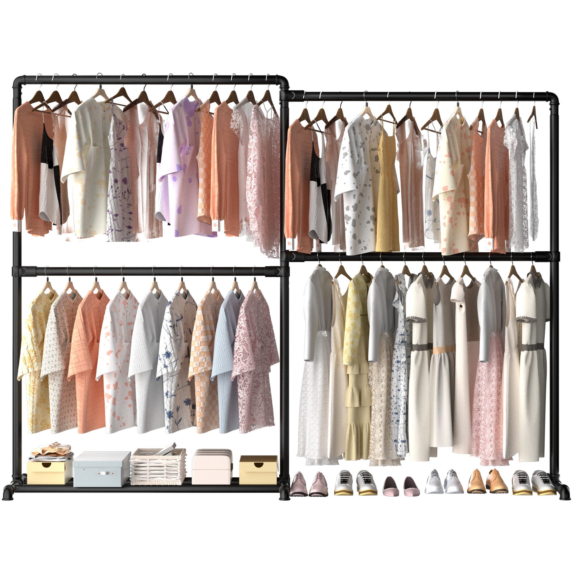 loefme Kleiderständer Schwerlast Kleiderständer mit 360° klappbaren Seitenarmen, (1 St), freistehende Metall Kleiderstange mit Bodenablage, 150 kg Tragkraft