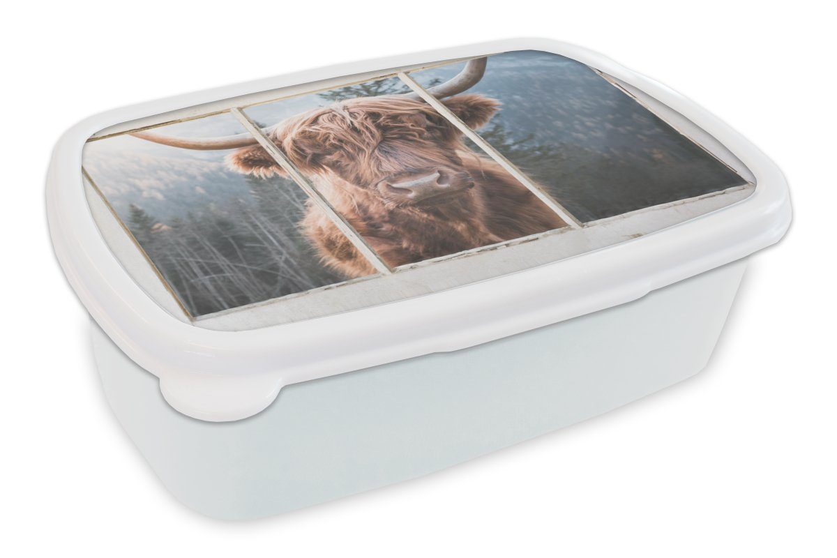 MuchoWow Lunchbox Highlander - Berg - Aussicht, Kunststoff, (2-tlg), Brotbox für Kinder und Erwachsene, Brotdose, für Jungs und Mädchen weiß | Lunchboxen