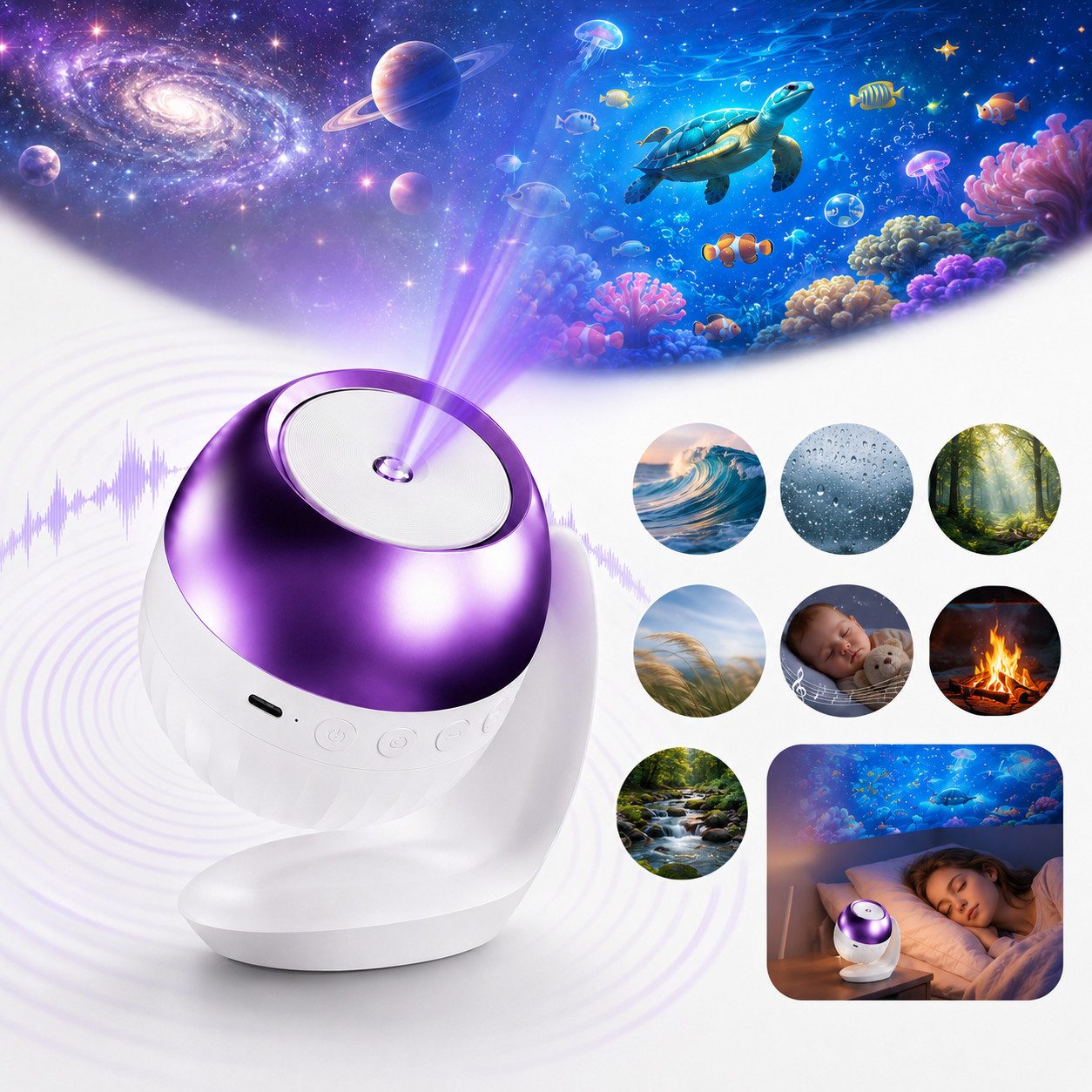 Vornix Projektionslampe Sternenhimmel Projektor mit 24 Projektionsmotiven, 4 Themenwelten, 7 beruhigenden Klängen, 60/90-Min.-Timer, USB-C, verstellbar