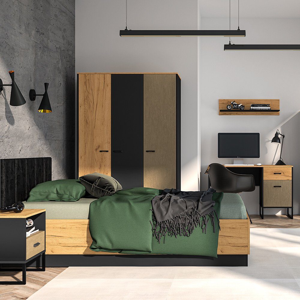 Lomadox Jugendzimmer-Set CASPER-131, (Sparset, 5-tlg), inkl. Bett 120x200cm mit aufklappbarem Lattenrost, schwarz/braun