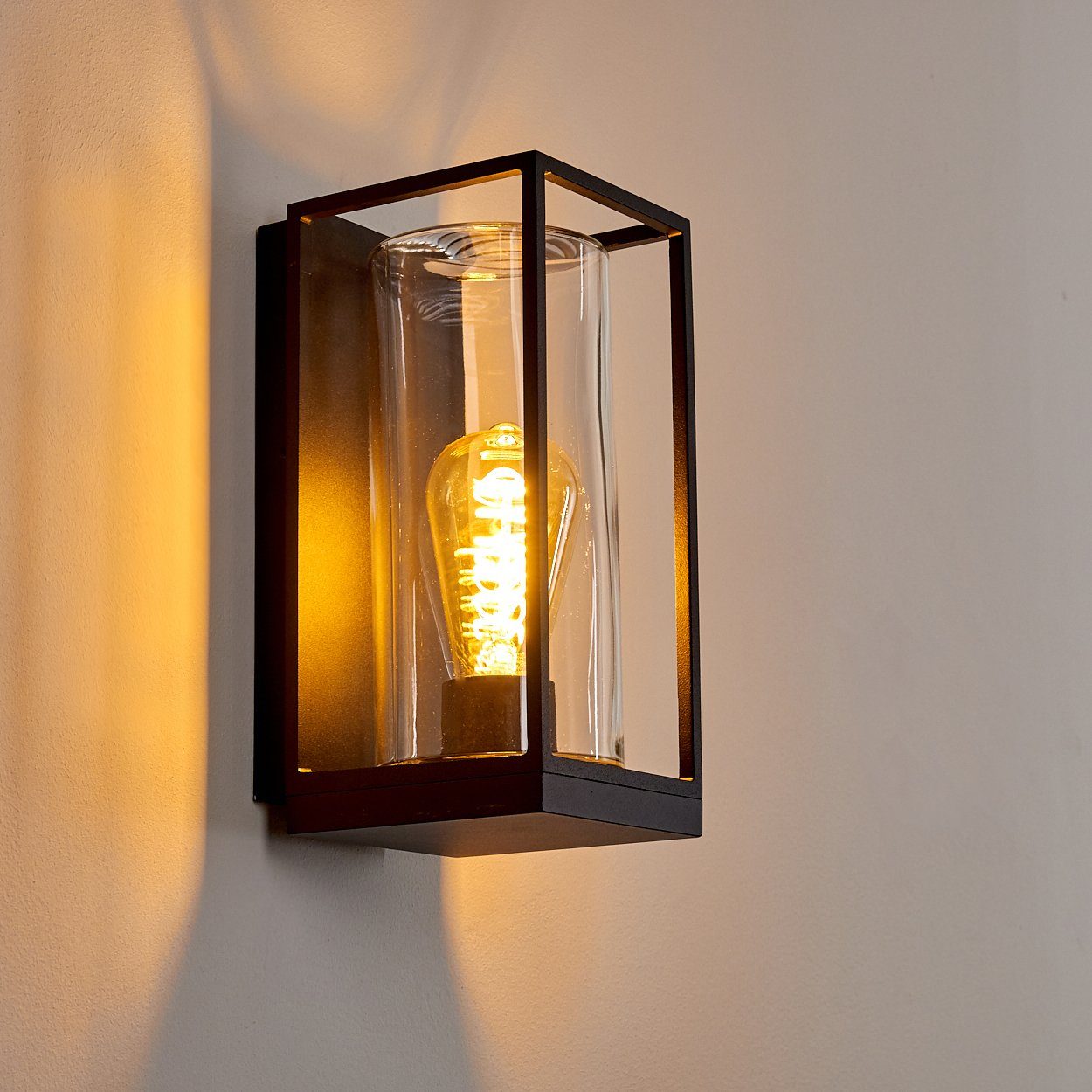 klaren der Glas, und ohne Industrial Außenlampe »Besana« Wand, 1xE27, in Style mit Metall Schwarz Lichteffekt Außen-Wandleuchte Außenwandlampe an hofstein aus IP44 Leuchtmittel,