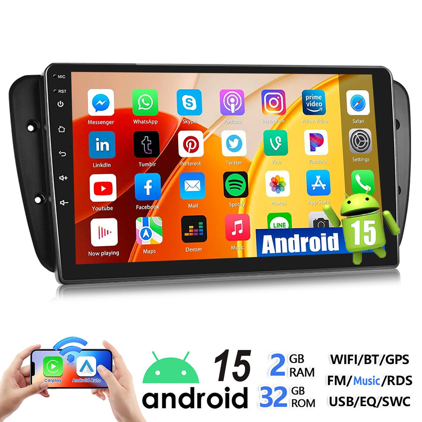 ESSGOO 64/128G Für Seat Ibiza IV 6J 2009-13 Android 15 Carplay GPS Navi RDS Autoradio (RDS, 4+64GB(optional), FM, AM, DAB+ (optional), GPS Navi Android Auto Bluetooth EQ USB WIFI IPS Touchscreen)
