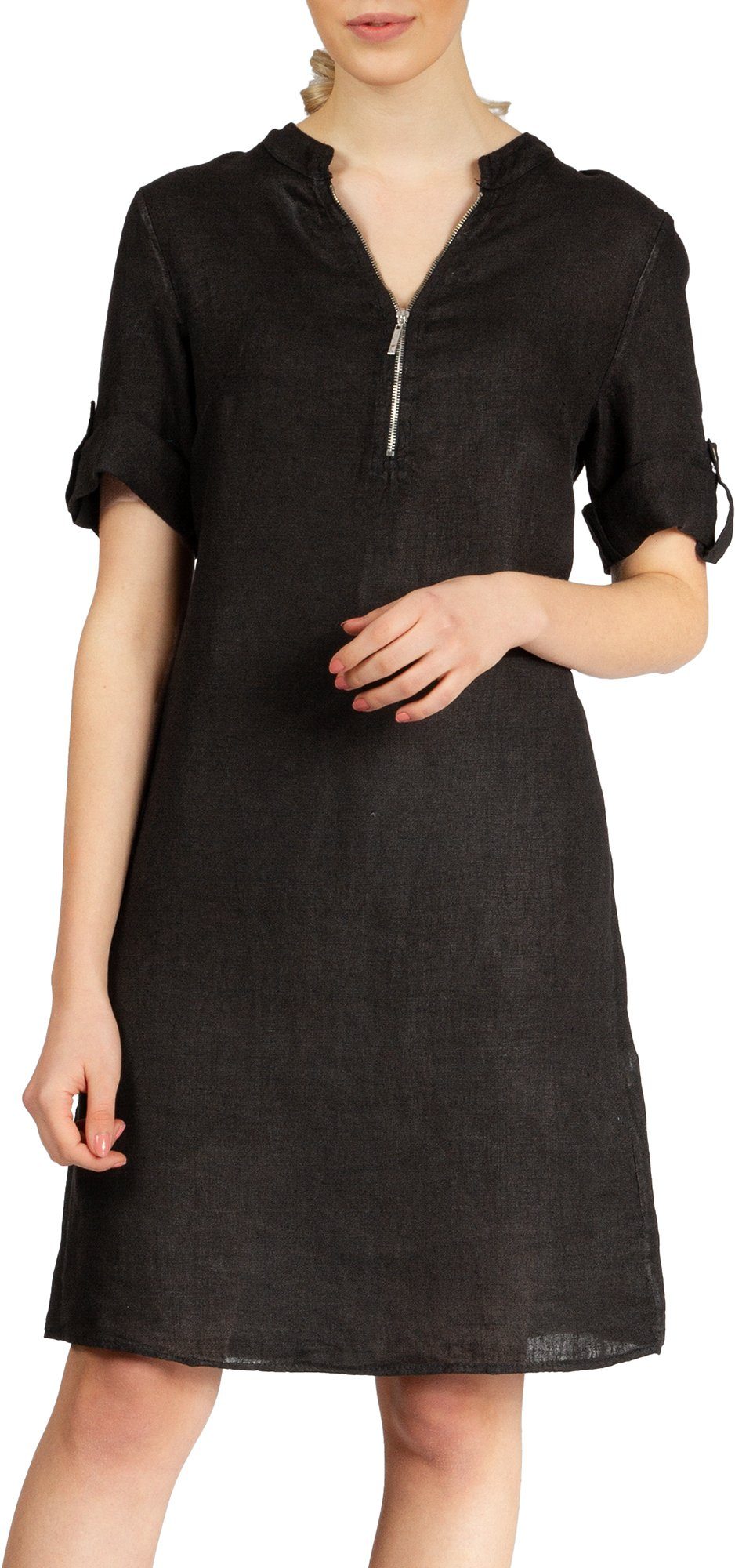 Sommerkleid SKL037 knielanges Damen Leinenkleid mit Reißverschluss Ausschnitt