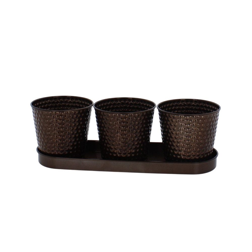 MICA Dekovase 3 Pflanztöpfe mit Abtropfschale - bronze - ca. 10 x 8 x 10,6 cm (4 St)