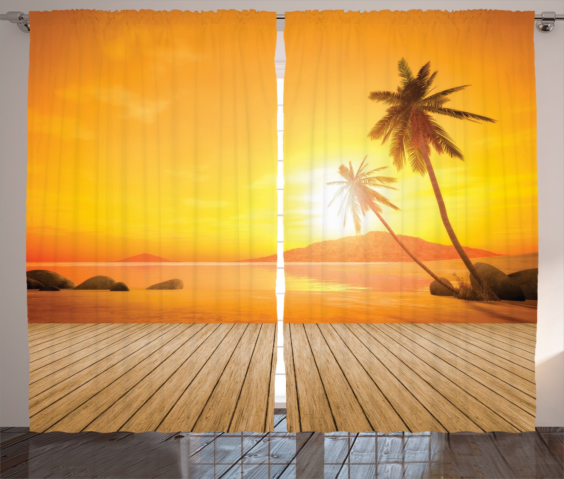 Schlaufen und Haken, Kräuselband Holzdeck Schlafzimmer Abakuhaus, Tropisch mit Vorhang Gardine Sonnenuntergang