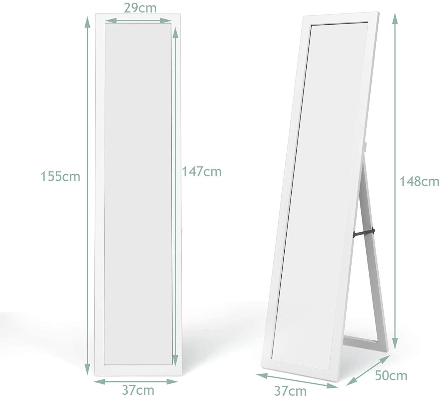 COSTWAY Ganzkörperspiegel, mit klappbarem Holzrahmen, Weiß 37x155cm stehend/hängend