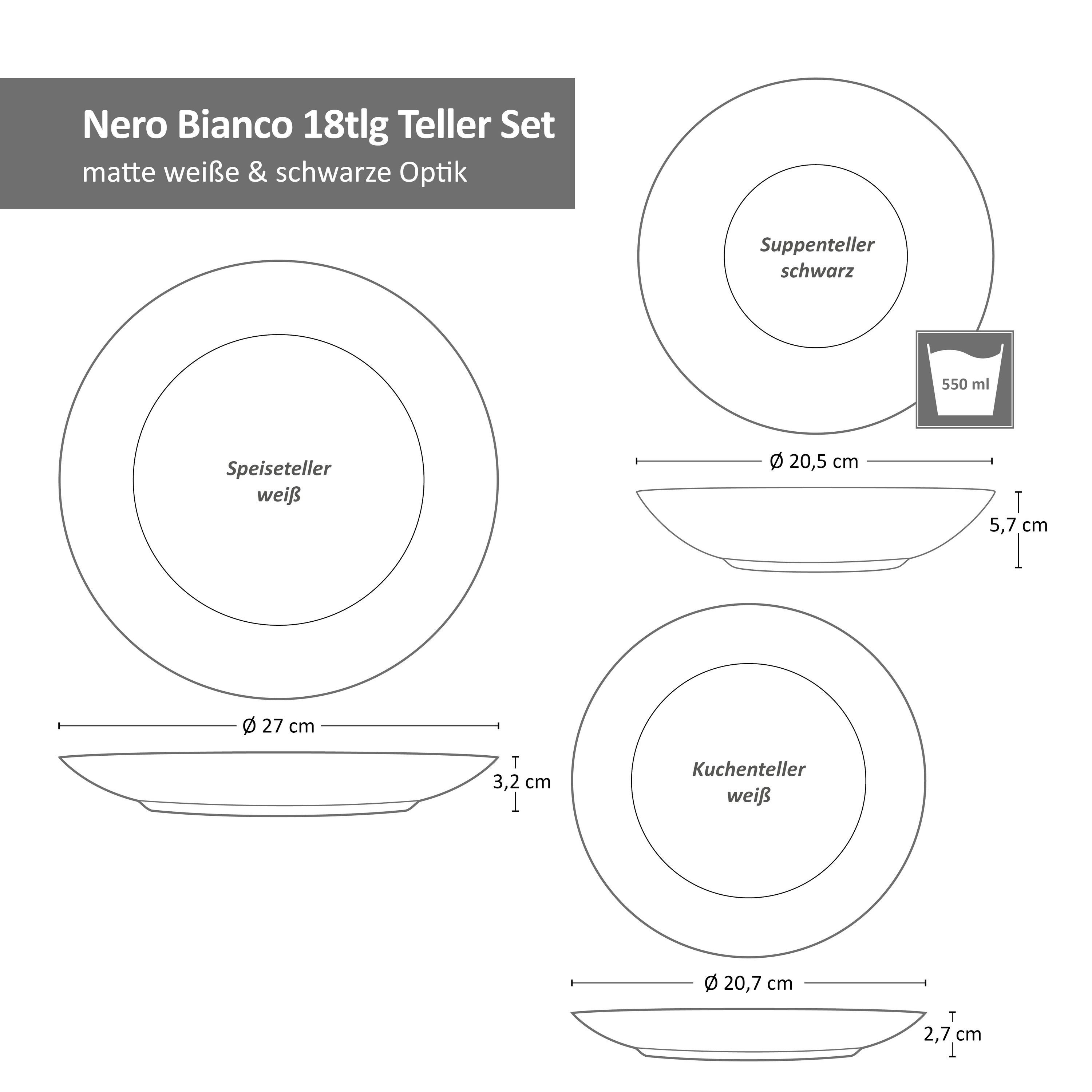 MamboCat Teller-Set Nero 6 Personen Tellerset Bianco Weiß 18-tlg. Steingut flach, Schwarz Teller