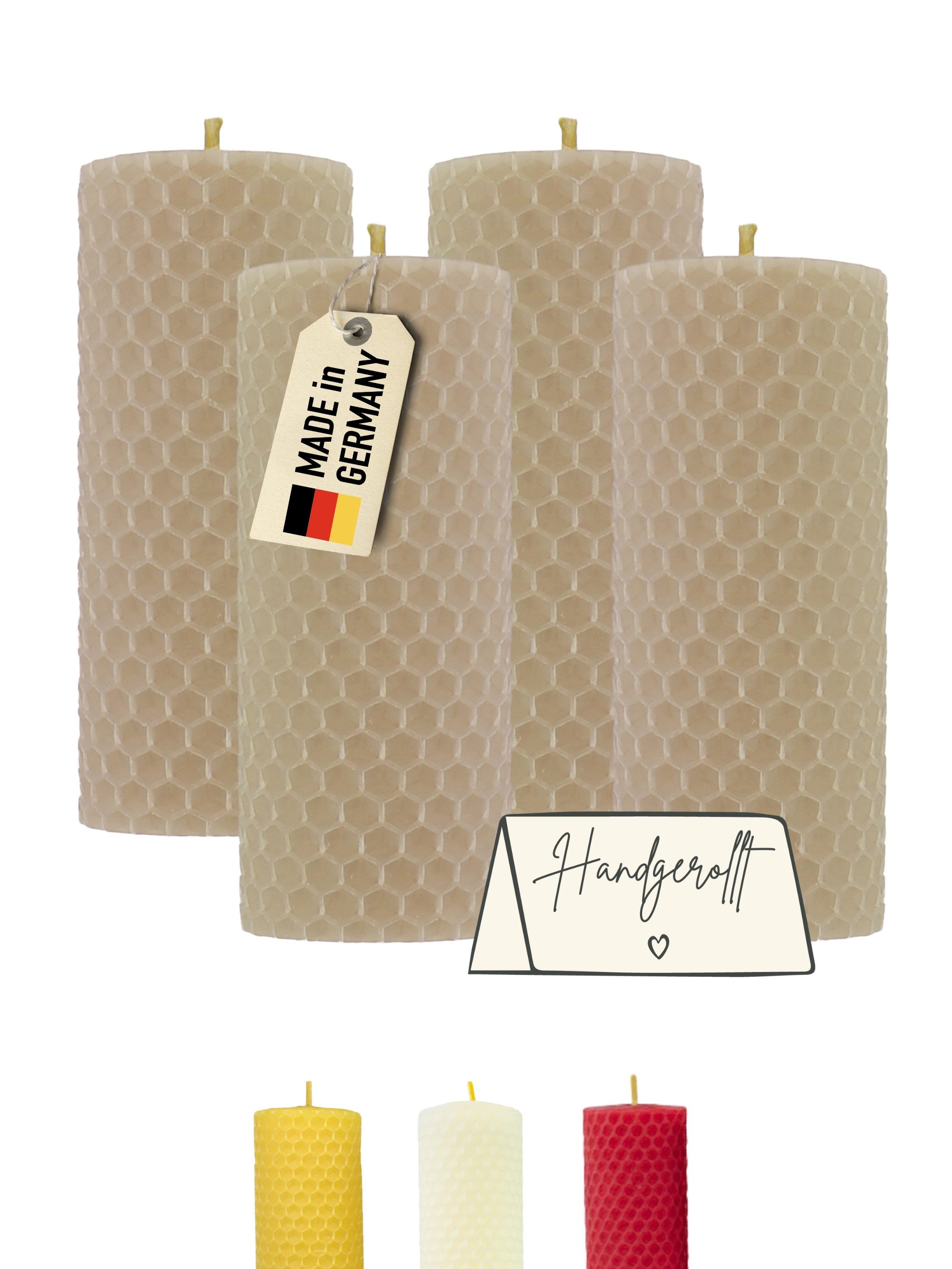 Wachsmann Bienenprodukte Bienenwachskerze handgerollt, 100 % Bienenwachs, 4er Set