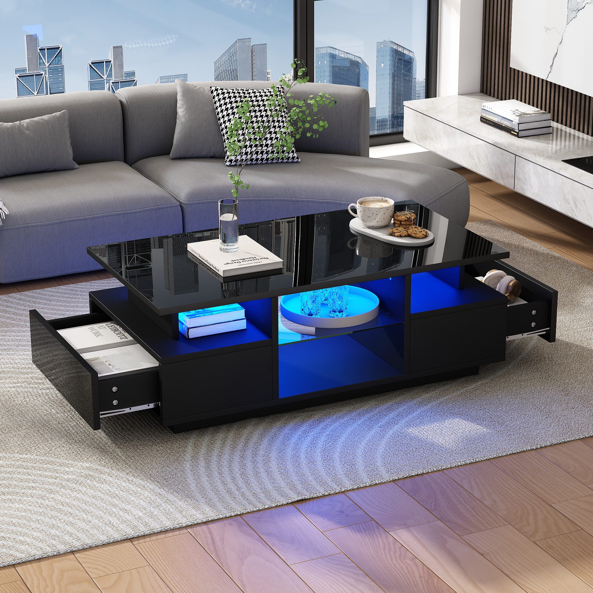 REDOM Couchtisch mit LED-Beleuchtung & transparenten Glasablagen (Packung, 1-St., Elegant als Tee-, Kaffee- oder Wohnzimmertisch einsetzbar), 100x50x36 cm in Schwarz, mit 2 Schubladen & offenem Stauraum