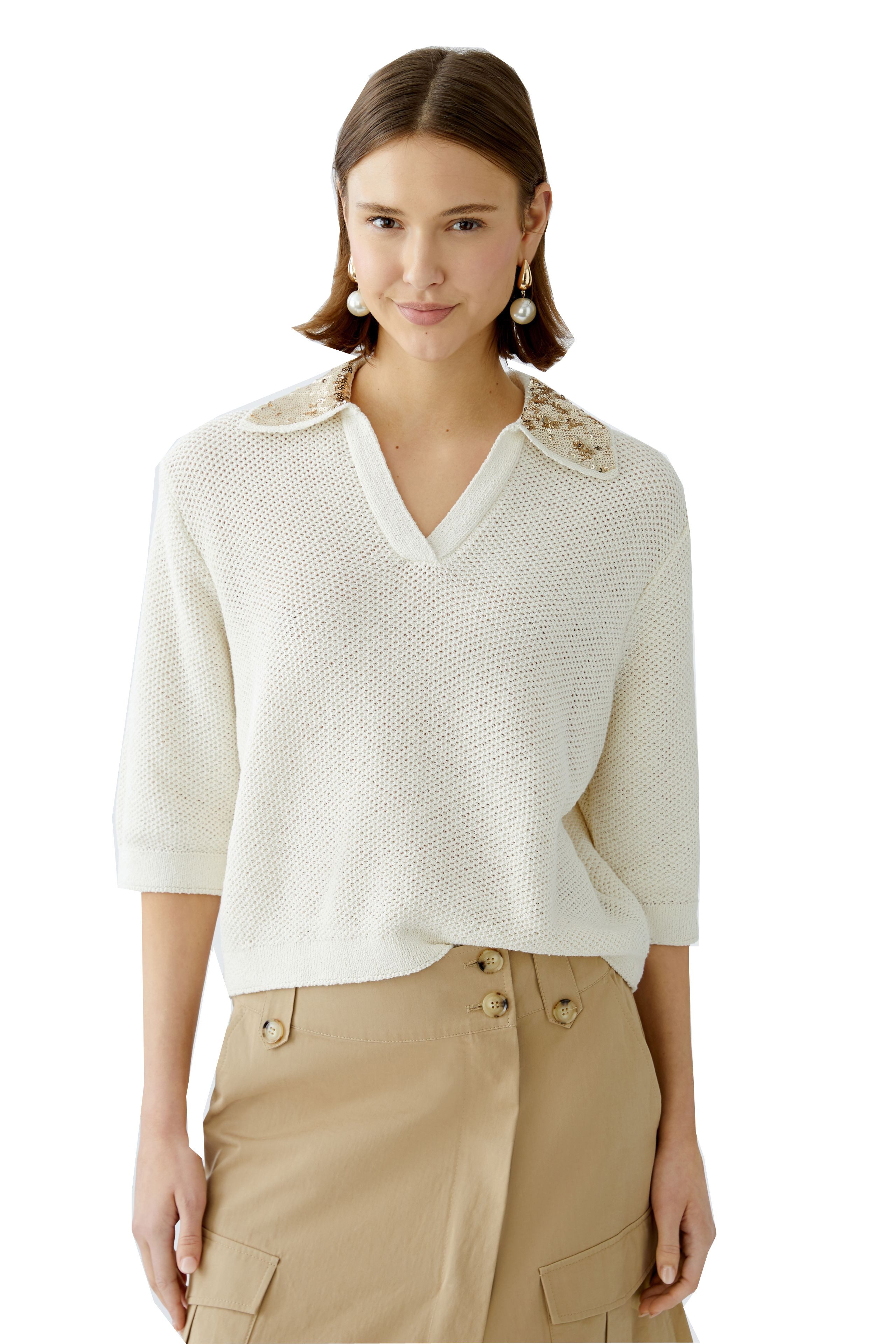 3/4 Arm-Pullover Oui Polopullover mit Highlight Strickkragen 38