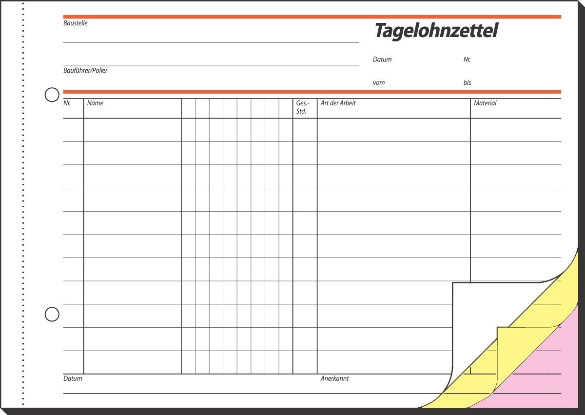 Formularblock Formularbuch Tagelohnbuch A5 quer selbstdurchschreibend VE=3x40 Blatt.
