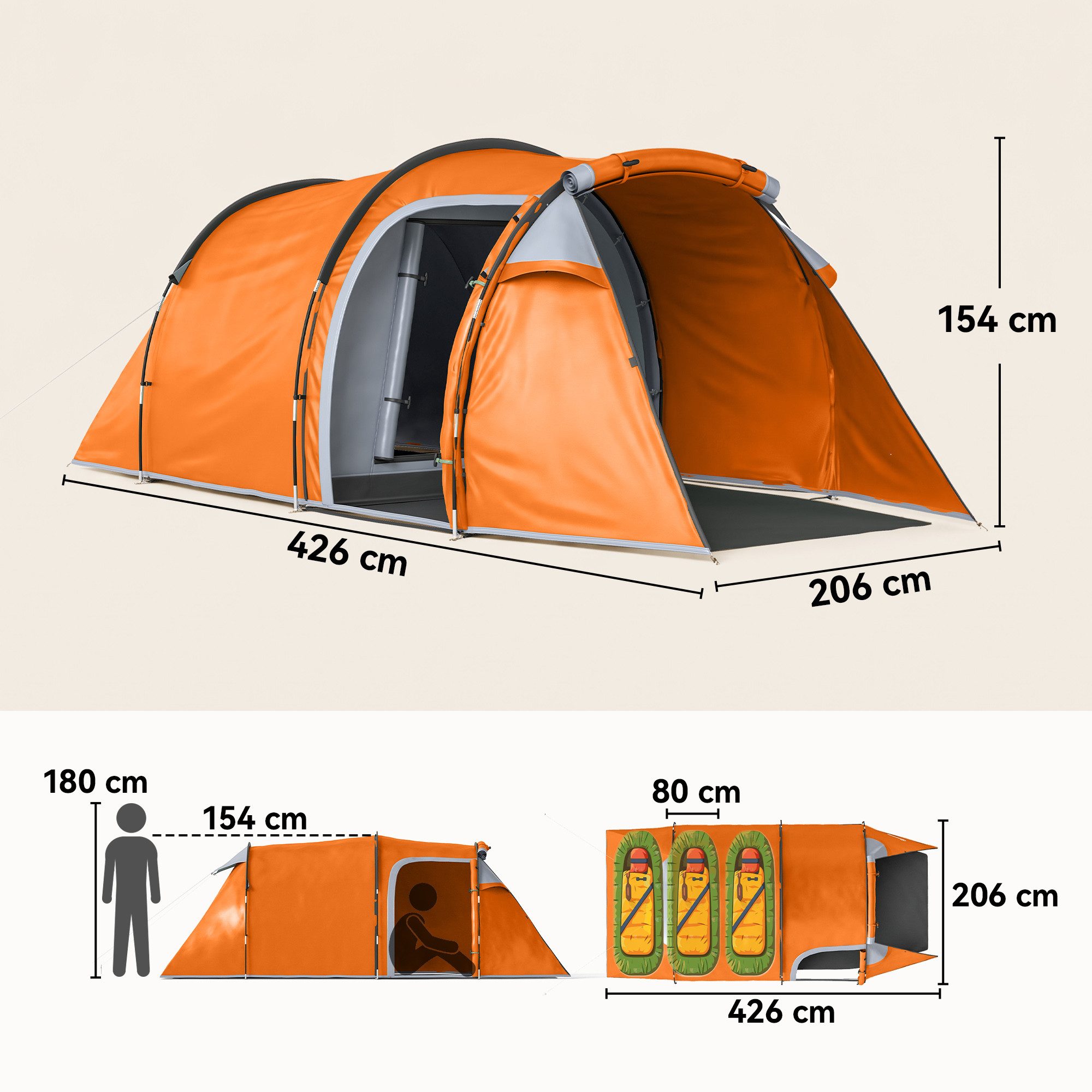 Outsunny Kuppelzelt mit Vorraum, Lampenhaken, 2000mm Wassersäule, Personen: 2 (Tunnelzelt, 1 tlg., Familienzelt), für Camping Reise Trekking Garten, Orange