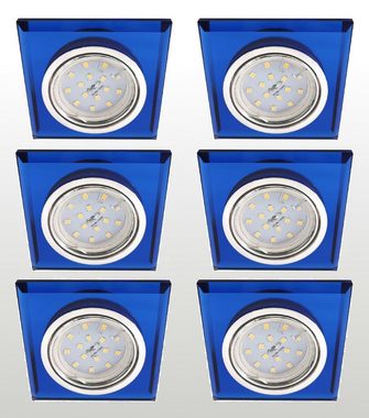 TRANGO LED Einbauleuchte, 6er Set 6736B-06GUSD-AK *BLUE CRYSTAL* LED Deckenstrahler aus Echtglas (handgeschliffen) & Alu inkl. 6x 3-Stufen dimmbar GU10 LED Leuchtmittel 3000K warmweiß, Einbauspot, Deckenleuchte, Einbaustrahler