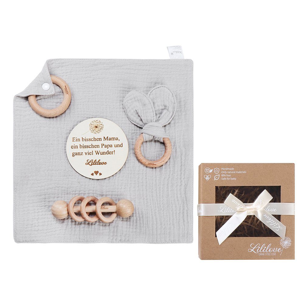 Geschenkset 10cm., 13x3cm., (Geschenk Baby Greif/Beißring: Aus Geschenk Set, Rassel: mit 30x30 Holzscheibe: Design niedlichem Cosy 4-teilig) Lililove Set Buchenholz,in und Teilen. Neugeborenen-Geschenkset 6x12,5cm., 4 Baumwolle Schmusetuch: Box cm.,