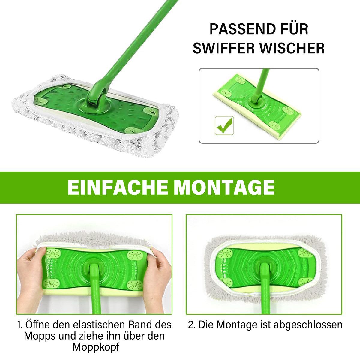 MOPUEA Wischmopp 6 Pack Wiederverwendbarer Wischbezug Mikrofaser passend für Swiffer, (Boden-Nachfüllungen für Hartholz, Fliesen, Laminat, 6-St., super saugfähig und einfach zu befestigen), waschbare Ersatz-Pads für Dampfreiniger