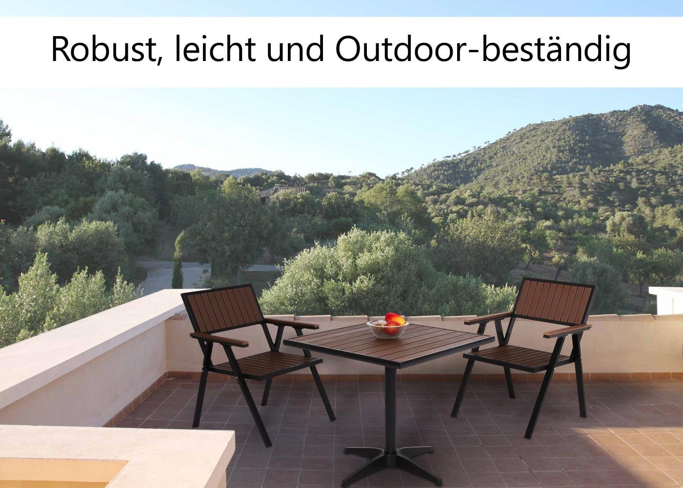 kombinierbar, Gartentisch schwarz, MCW-J95-T, MCW dunkelbraun Pulverbeschichtung Gartenstühlen passenden Mit Outdoor