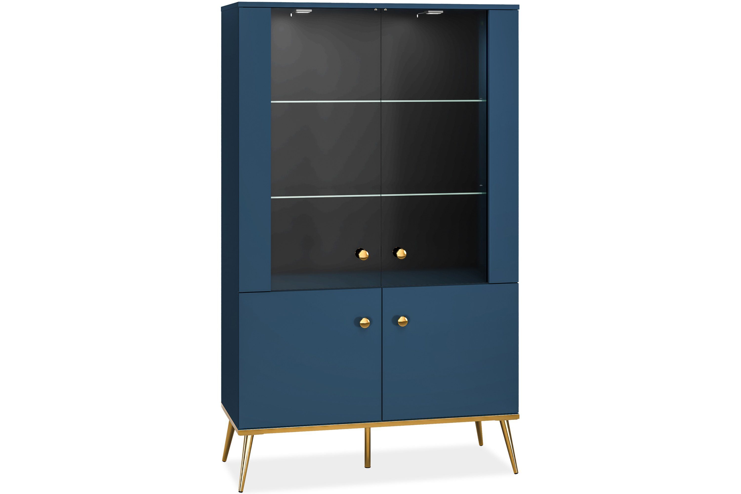 KONSIMO® Glasvitrine ARICIA Vitrine hergestellt in der EU, mit Goldelementen, mit Glaseinlegeböden