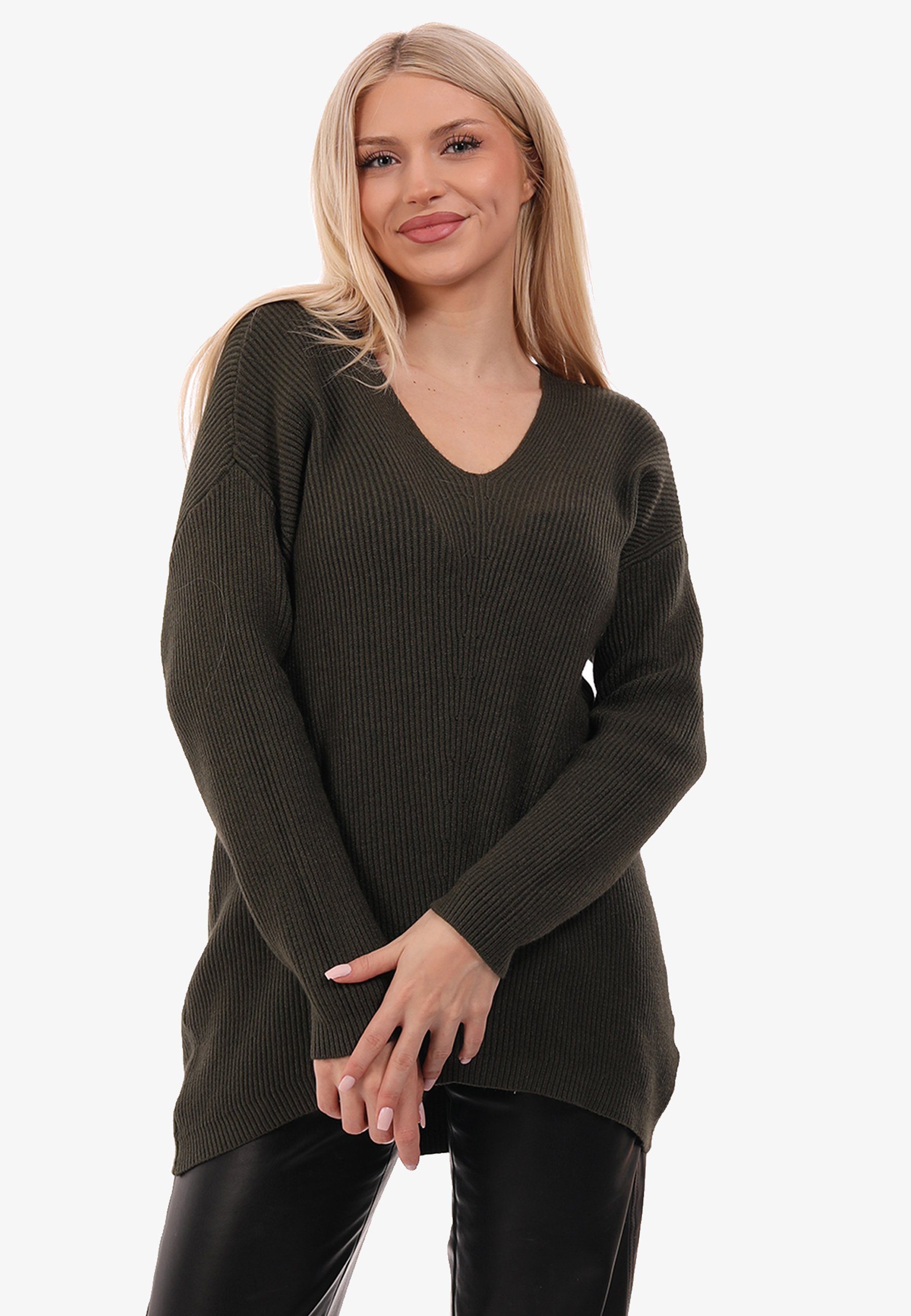 YC Fashion & Style Strickpullover Pullover mit V-Ausschnitt One Size (1-tlg) in Unifarbe khaki