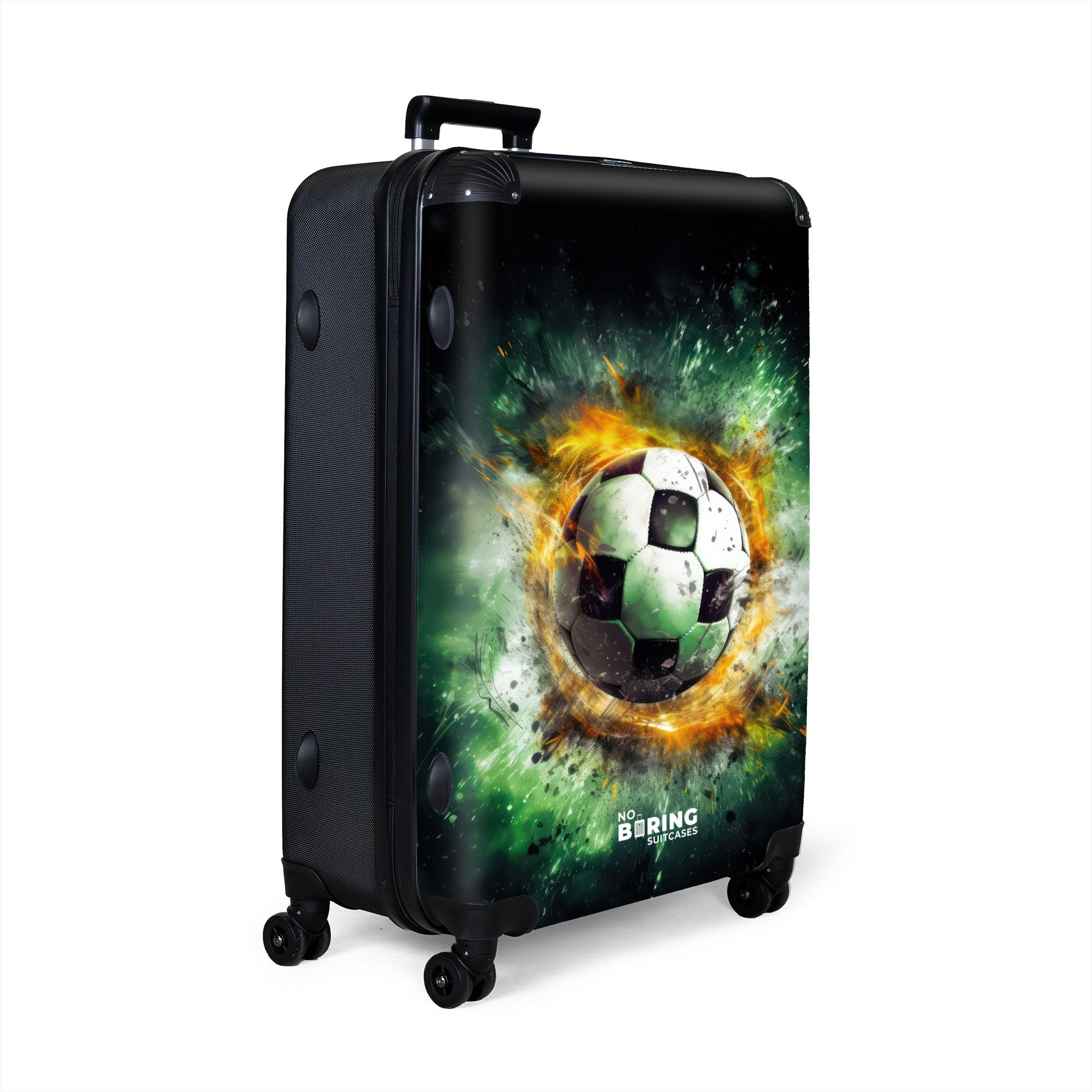 NoBoringSuitcases.com© Kinderkoffer Fußball - Grün 77 cm - 98 L, 8 Rollen, Großer Reisetasche mit Rollen für 30kg, Kinderkoffer