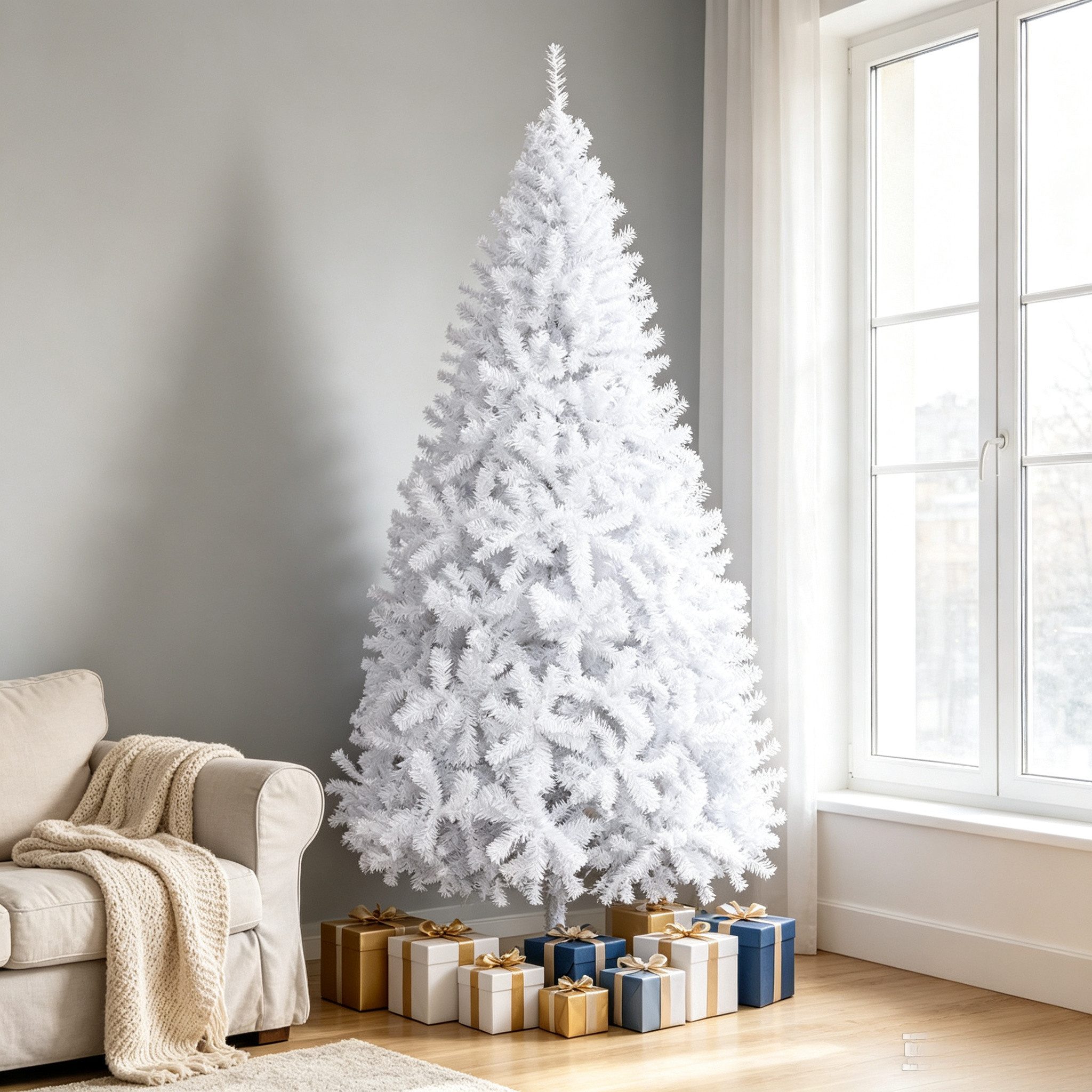 VINGLI Künstlicher Weihnachtsbaum 150/180/210 cm mit Eisenständer und 350/650/950 Zweigen, für Büro, Zuhause, Geschäft, Party und Feiertagsdekoration, Weiß