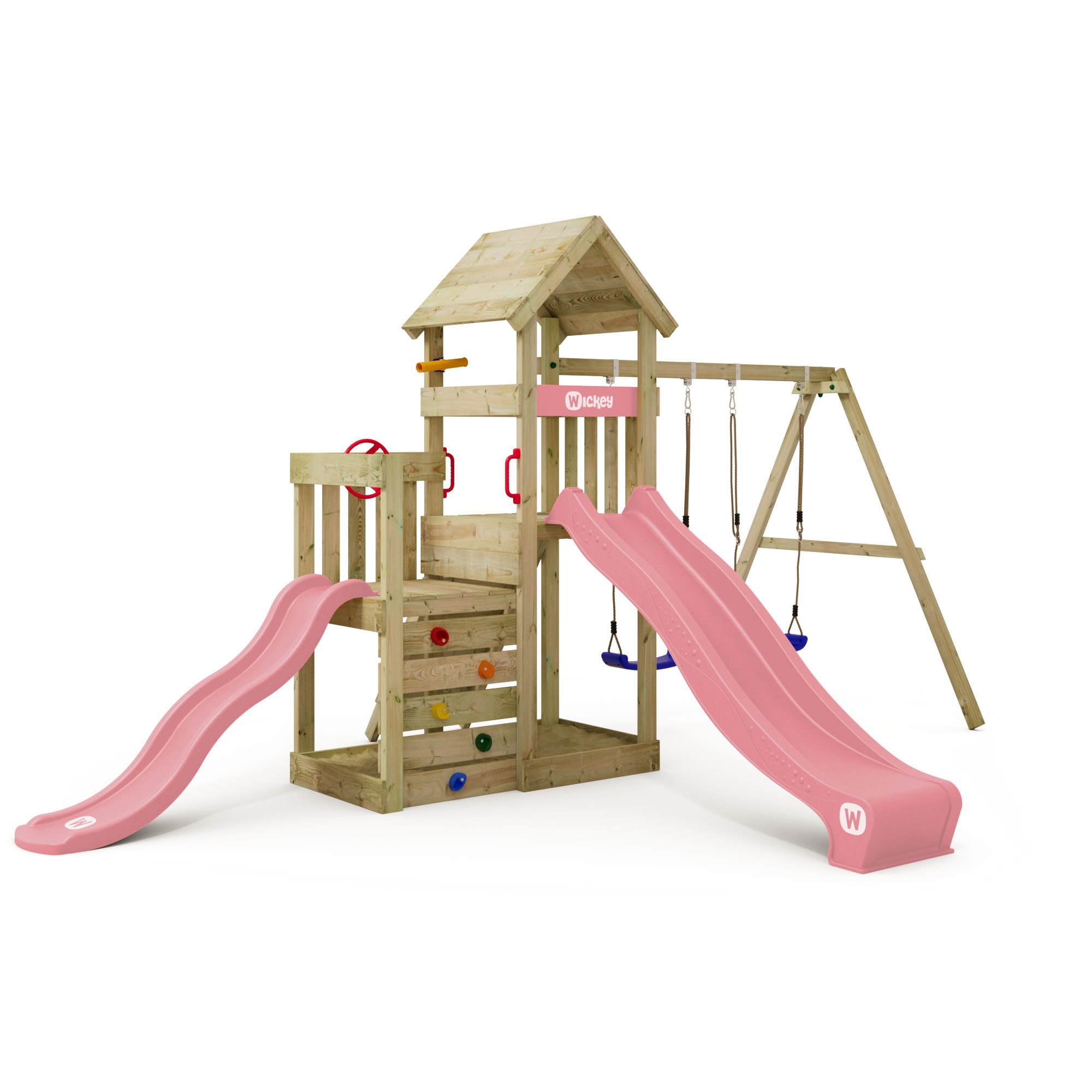Wickey Klettergerüst SkyFlyer Spielturm mit 2 Podesten, 2 Rutschen & Doppelschaukel, (Wetterfester Massivholz Kletterturm für Outdoor-Abenteuer, Kletteranbau fördert Gleichgewicht, Bewegung & Motorik), Abenteuer für kleine & große Kinder mit 10 Jahren Gar