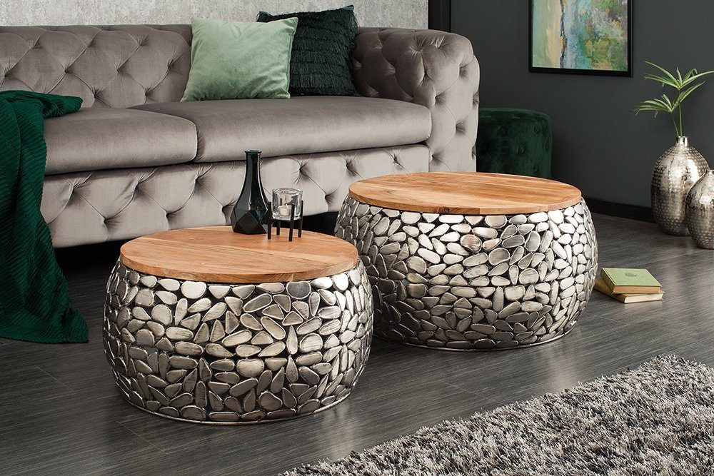 riess-ambiente Couchtisch STONE MOSAIC Ø65cm silber / natur (Set, 2-St), Wohnzimmer · Metall · Massivholz · rund · Mosaik Design · handmade