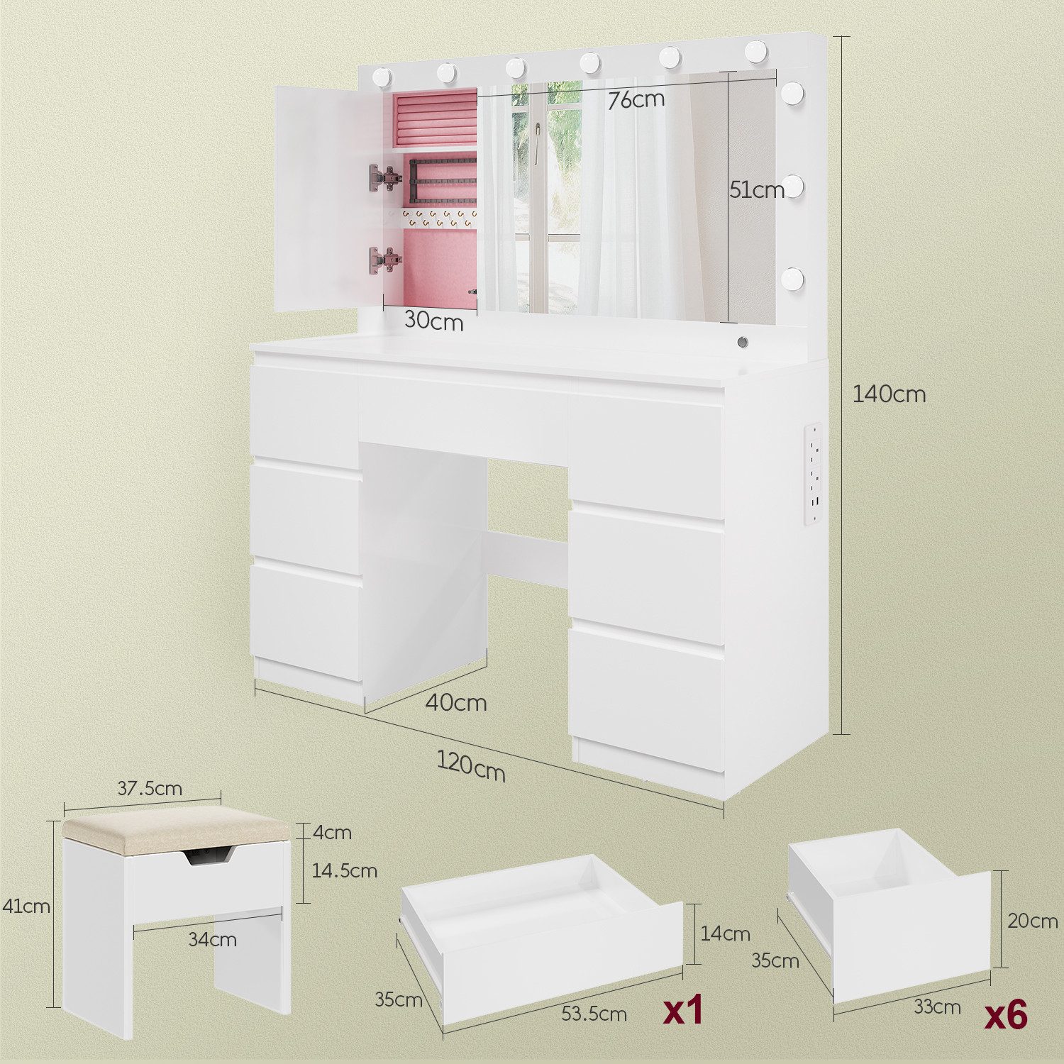 HOMALL Schminktisch mit großem Spiegel, 120 cm, 7 Schubladen, Schmuckschrank (XXL-Spiegel 106×51 cm (30×51 aufklappbar m. Schmuckschrank) · 120 cm · 7 Schublade – Bild 3 von 5