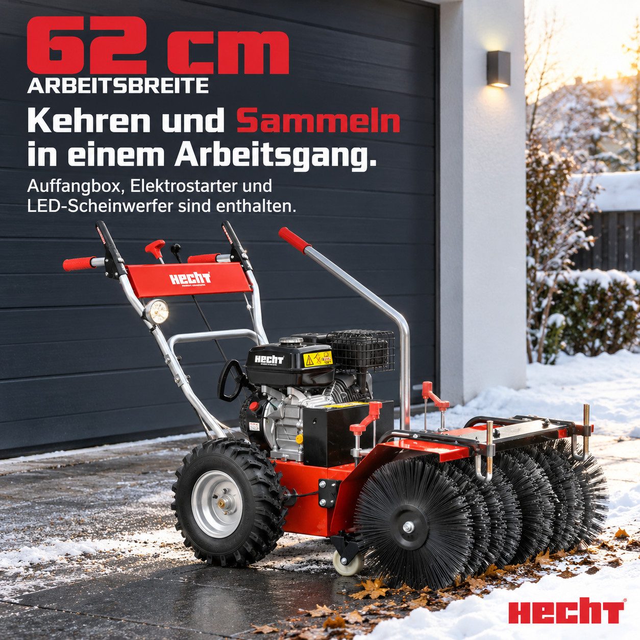 Hecht Benzin-Kehrmaschine 8616 SE Set 3 Benzin 62 cm mit Auffangbox, 62,00 cm Arbeitsbreite, Elektrostart, 6,5 PS
