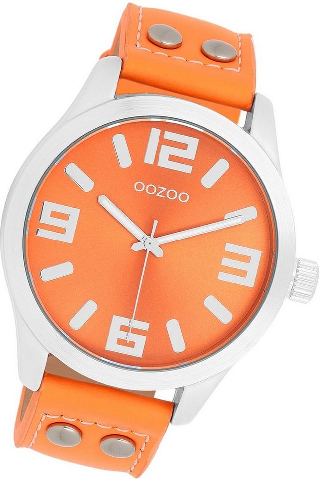 OOZOO Quarzuhr Oozoo Damen Armbanduhr Timepieces, Damenuhr Lederarmband  orange, rundes Gehäuse, extra groß (ca. 46mm)