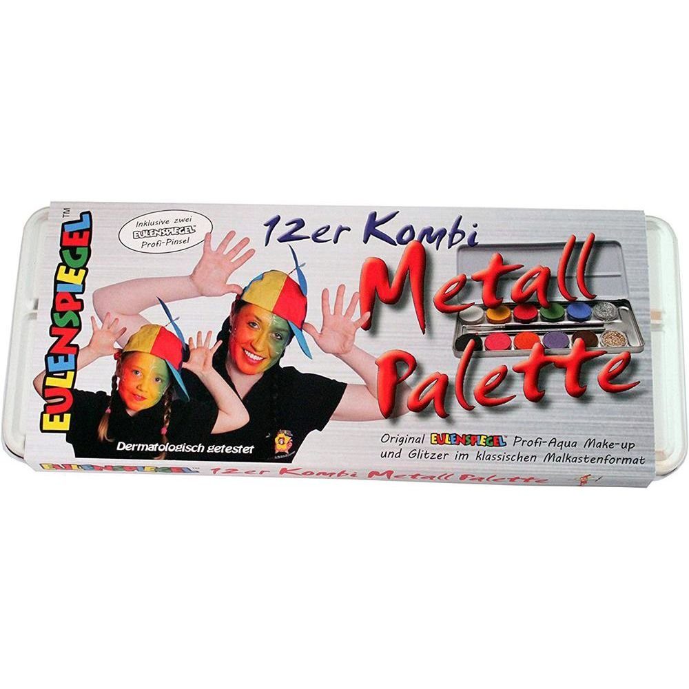 Eulenspiegel Theater Schminkpalette 12 Farben Kombi Metallpalette, mit 10 Farben, 2 Glitzer, für Karneval und Theater