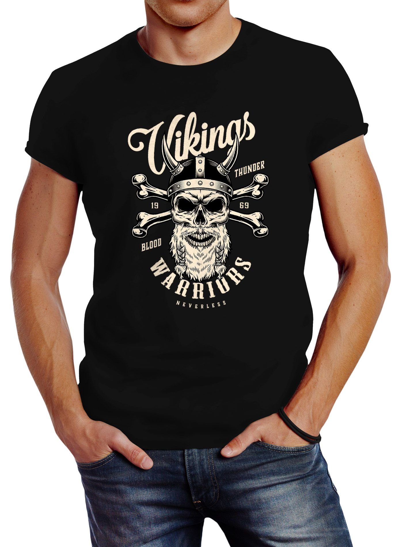 Neverless Print-Shirt Herren T-Shirt Vikings Skull Wikinger Totenkopf Bart Slim Fit Neverless® mit Print
