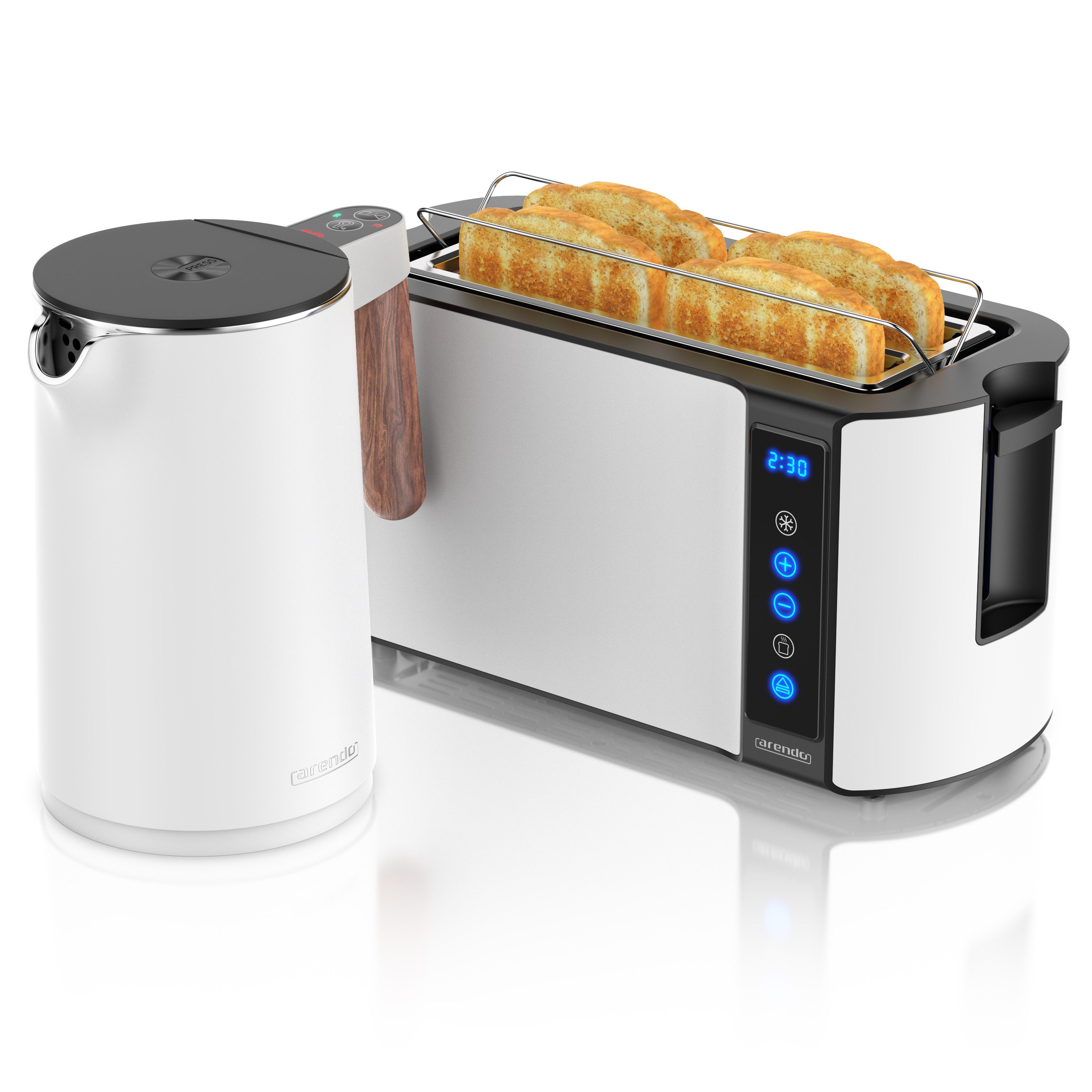Arendo Frühstücks-Set Edelstahl Wasserkocher 1,5l, 4-Scheiben Langschlitz Toaster, weiß (2-tlg), Wasserkocher mit Temperatureinstellung, Toaster Brötchenaufsatz, Touch