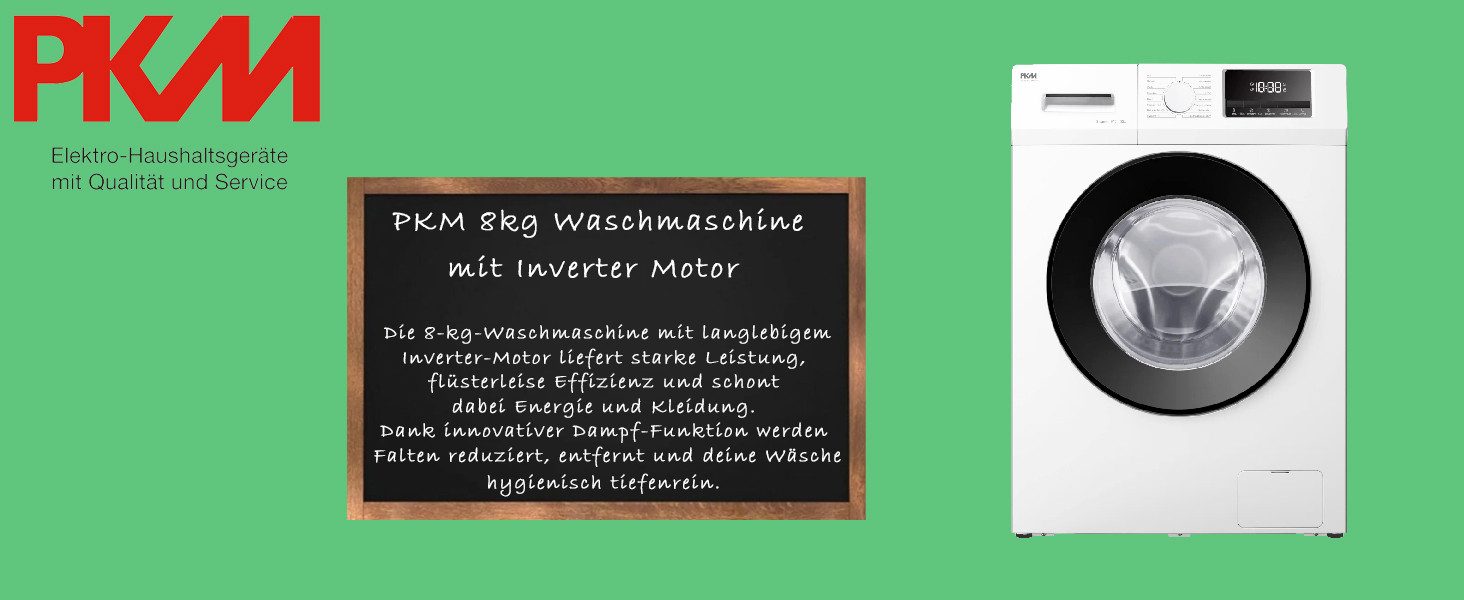 PKM Waschmaschine WA8-ES1416DAI, 8 kg, 1400 U/min, Invertermotor, Dampf-Funktion, Max. Waschtemperatur 95°C