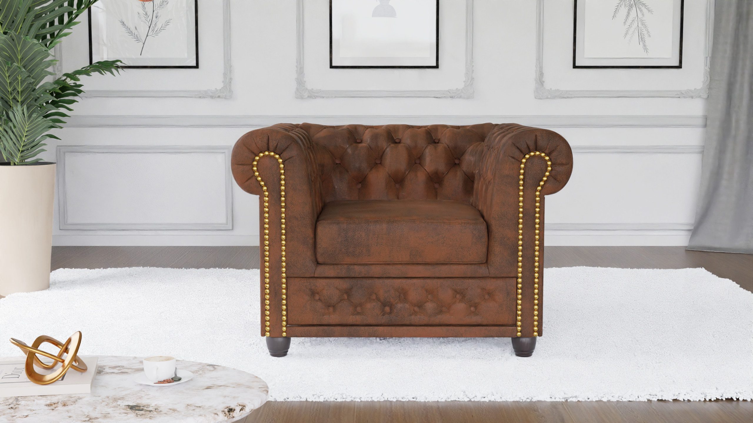S-Style Möbel Chesterfield-Sessel Anton aus Vintage Optik Microfaser mit Holzfüßen (Chesterfield Sessel), mit Wellenfederung