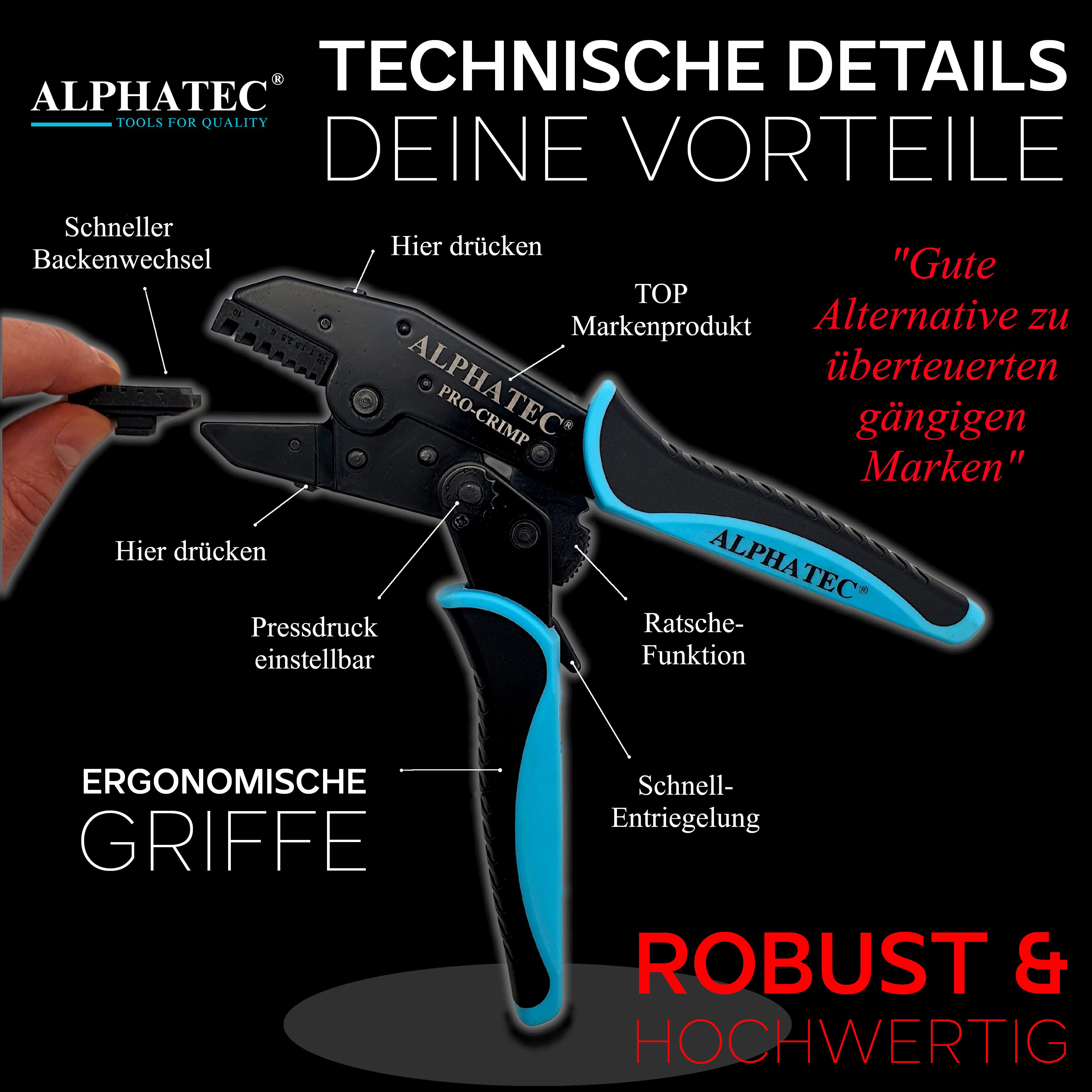 ALPHATEC® Crimpzange Crimpzangen Set mit Wechselbacken inkl. Abisolierzange 0,25-10mm² 8tlg, Kabelschuhe, Aderendhülsen, Flachstecker, Quetschverbinder, MC4, So – Bild 4 von 5