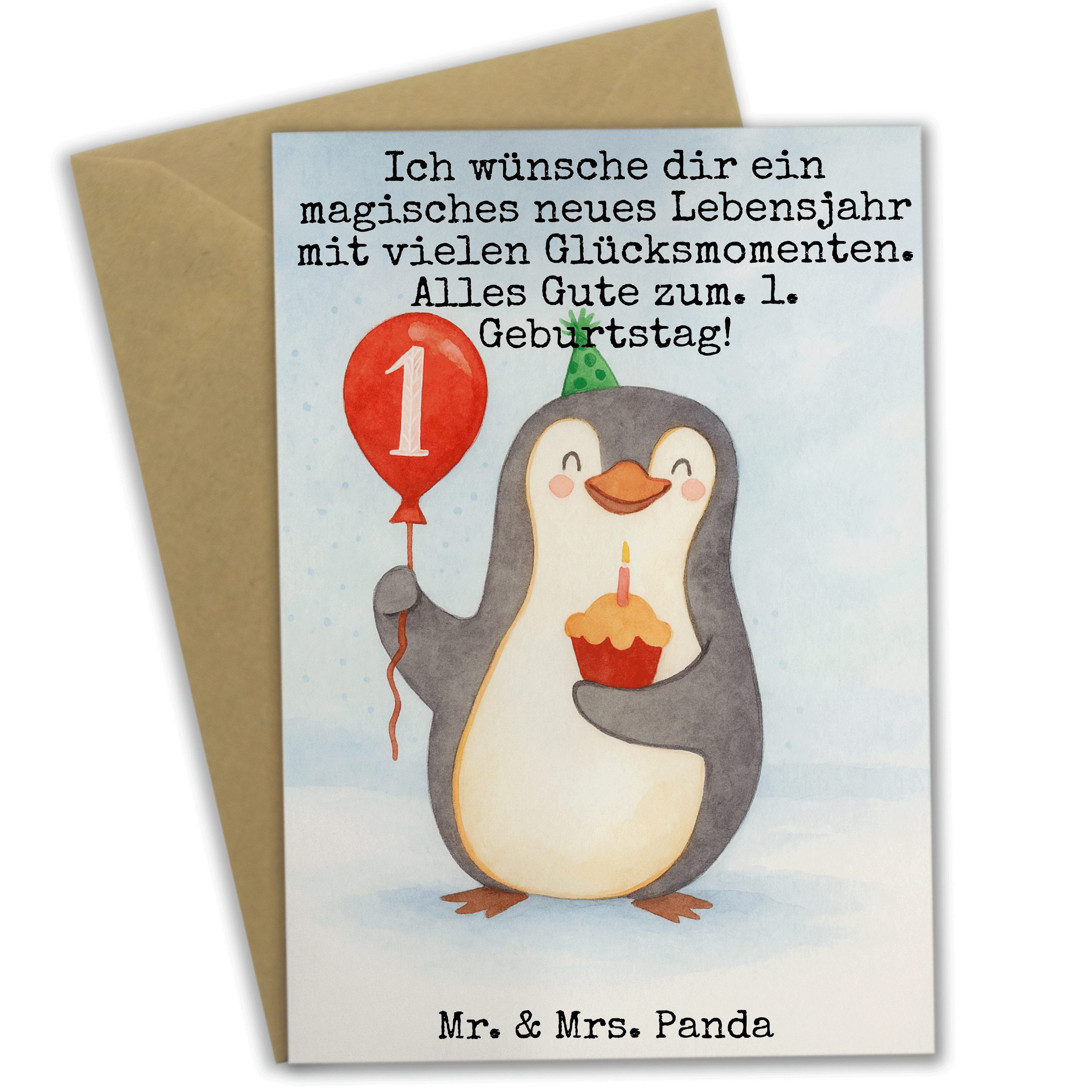 Mr. & Mrs. Panda Grußkarte 1. Geburtstag Pinguin Luftballon Design, Grußkarte, Weiß, Geschenk, s, Ansichtskarten Grußkarte Glückwunschkarte