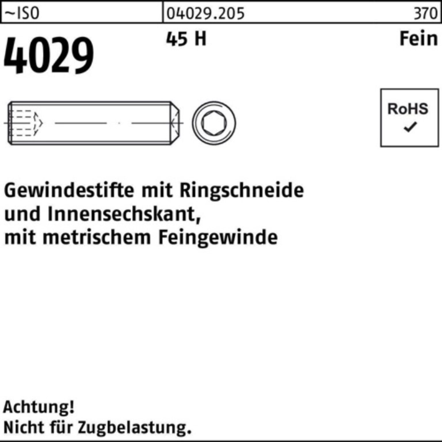 Reyher Gewindebolzen Gewindestift Pack ISO H Ringschneide/Innen-6kt 4029 45 Fe M8x1x6 500er