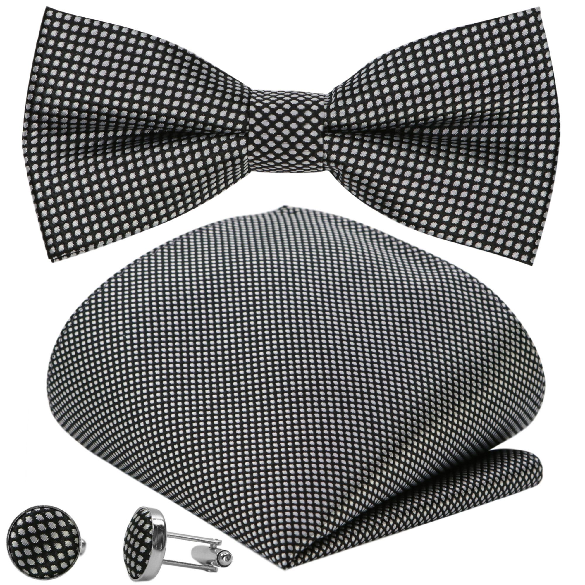 3-St., Tuch Touch Tupfen, (Set, GASSANI Herren-Fliege Schwarz Schleife Kariert Hochzeit Weiß Karo Gepunktet Fliegenset, Seide Punkte Verstellbar, Einstecktuch, Hochzeitsfliege Fliege Festlich, mit Vorgebunden Manschettenknöpfe)